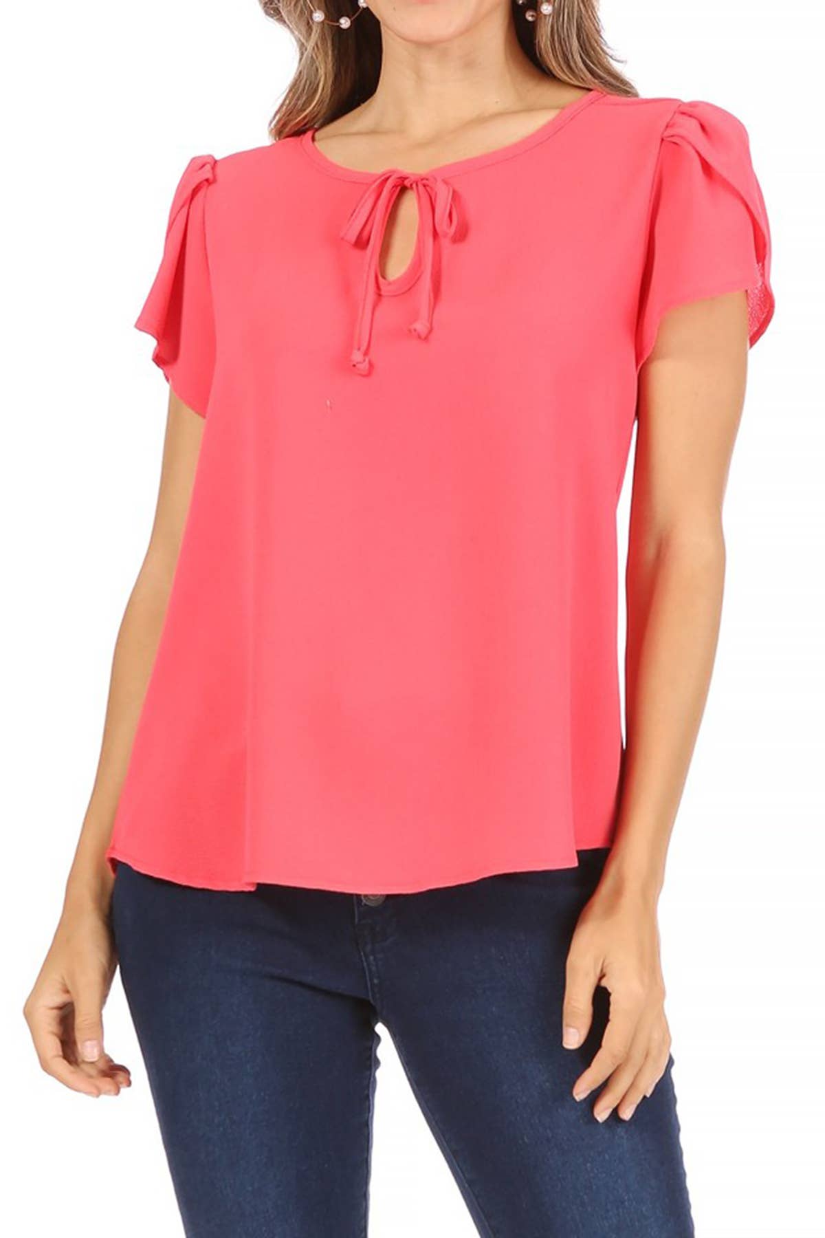 Women's Casual Solid Sleeve Tie Round Neck Shirt