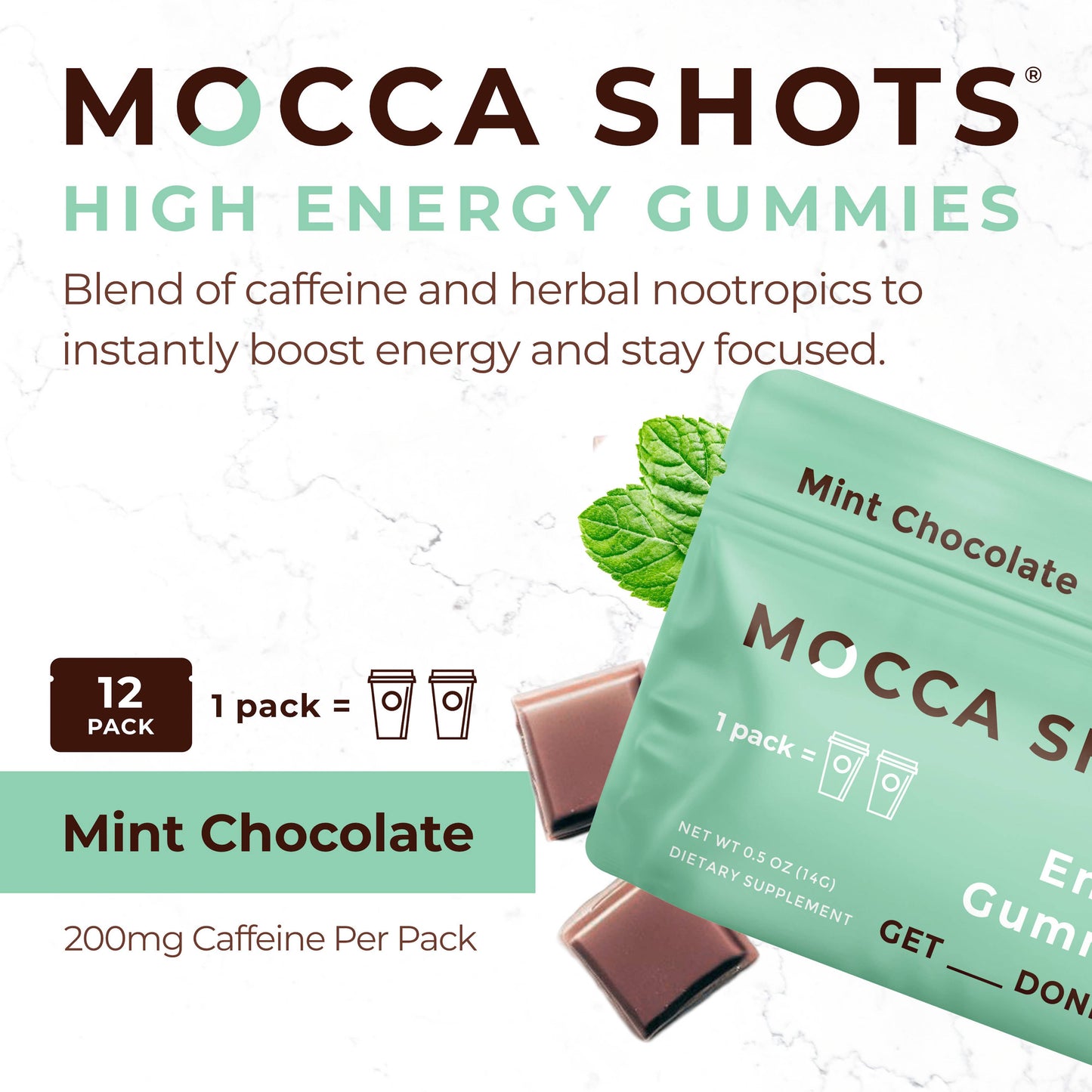 Mocca Shots Mint Chocolate Caffeine Gummy One Packet