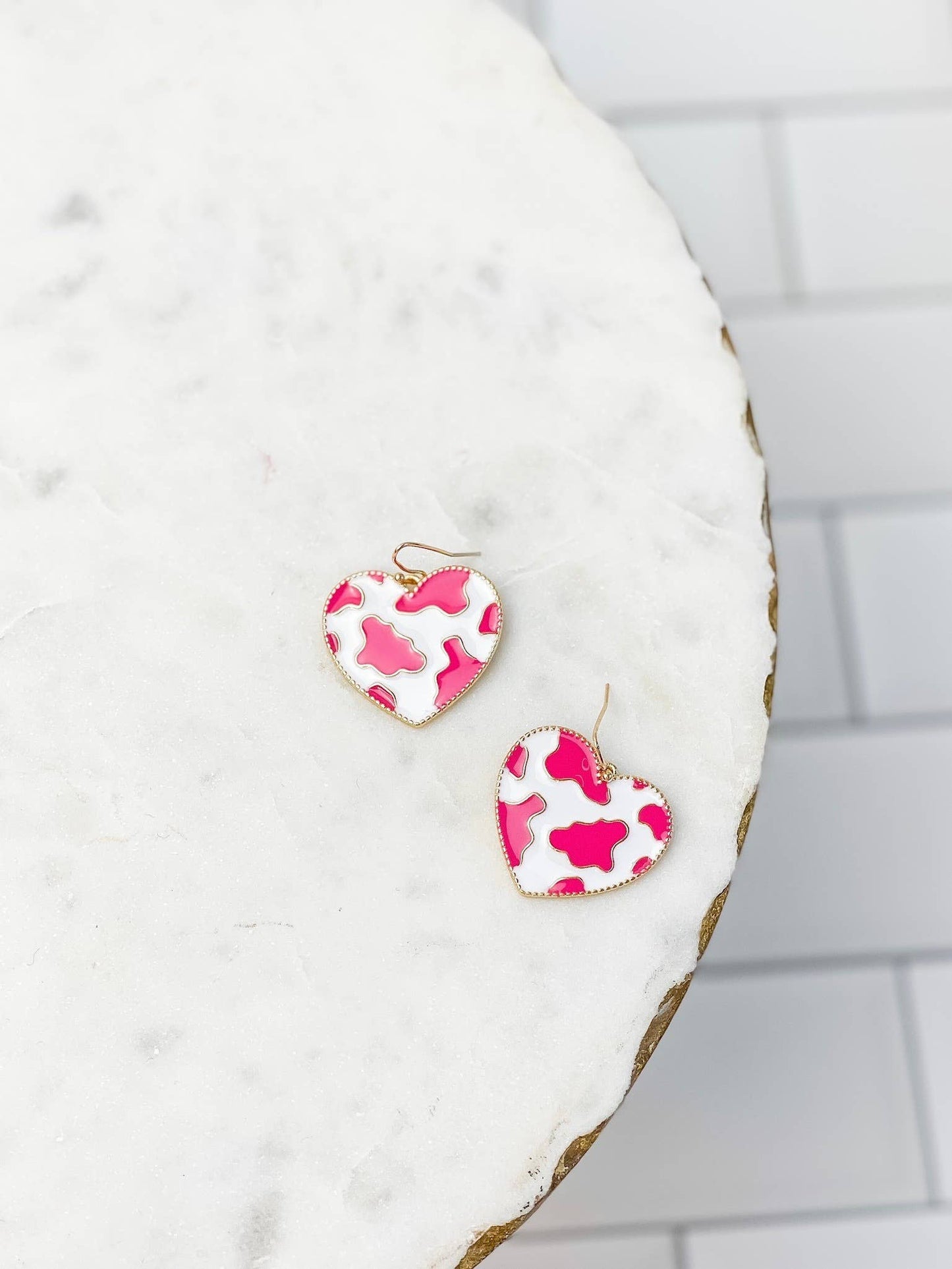 Cow Print Heart Enamel Dangle Earrings