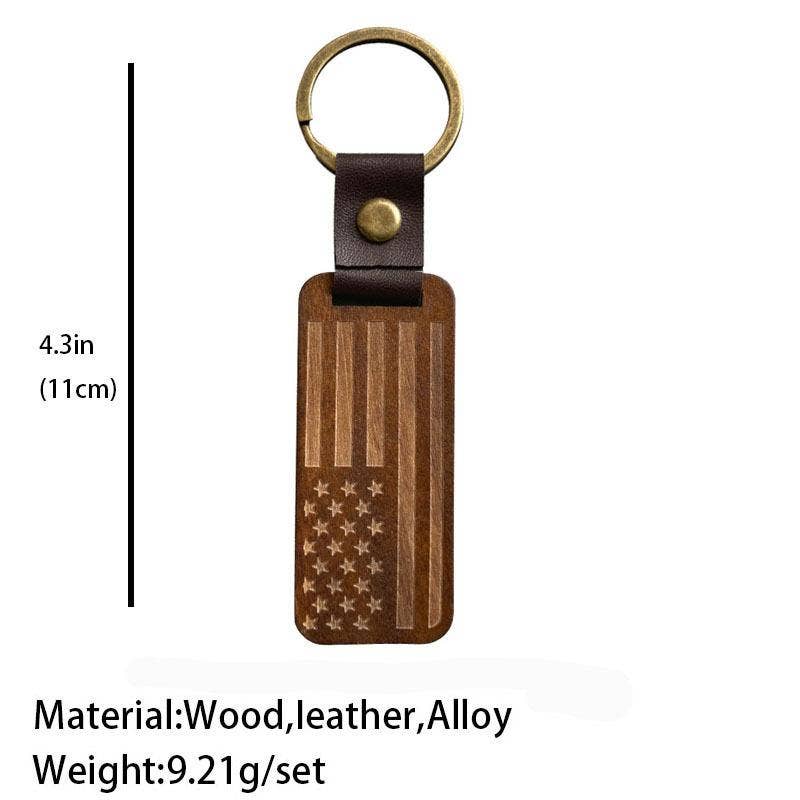 Leather Wood Pendant Keychain Gift For Dad Mom Friends: FLAG