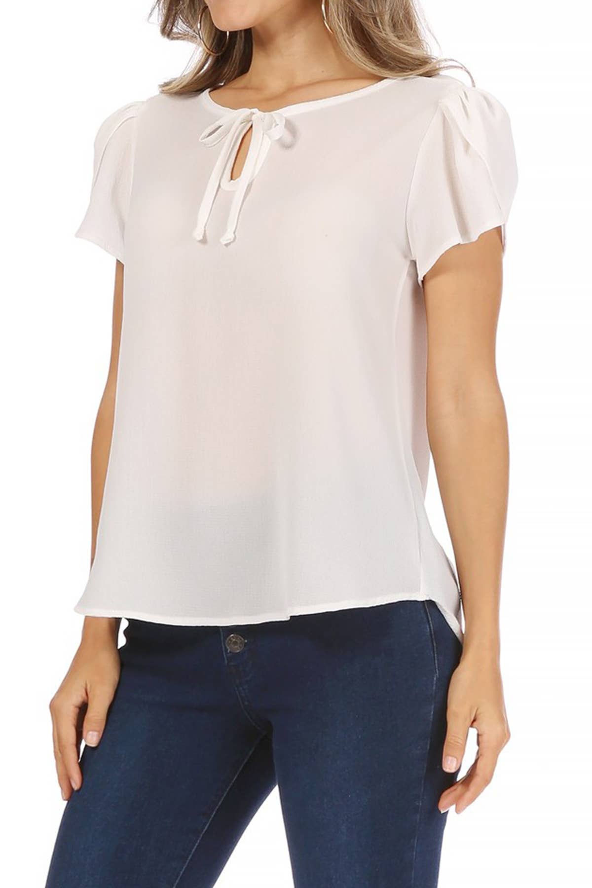 Women's Casual Solid Sleeve Tie Round Neck Shirt