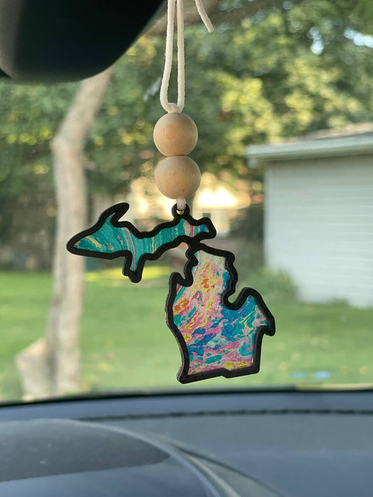 Michigan Suncatcher Car Charm Pink and Blue Paint Pour