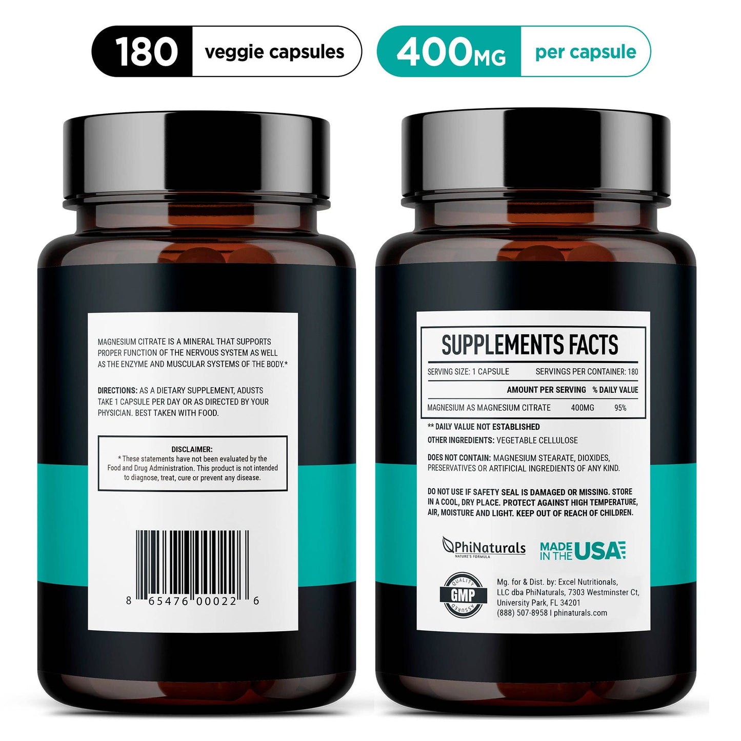 Excel Nutritionals LLC DBA Phi Naturals - Magnesium Citrate 400mg Supplement: 1-Pack