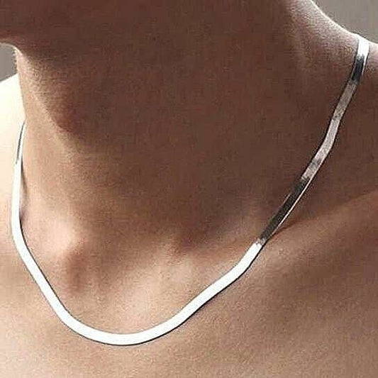 WHITE GOLD 14K PLATED FLAT HERRINGBONE CHAIN NECKLACE