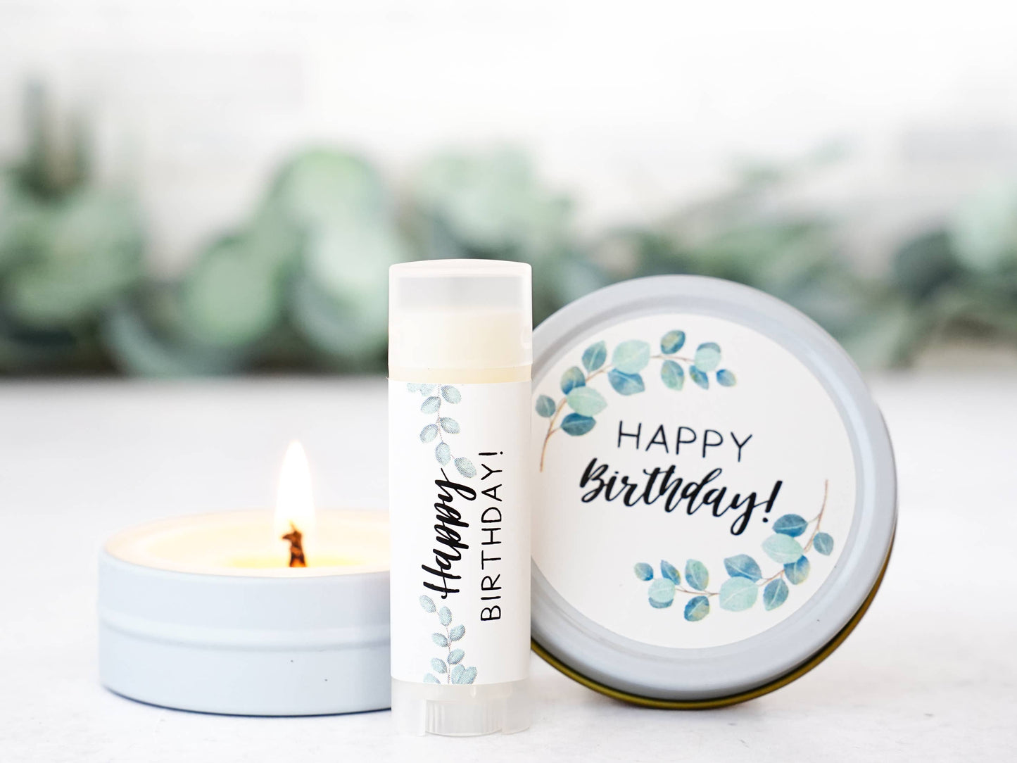 Happy Birthday Gift - Small favor or gift: Candle and Lip Balm SET in drawstring bag / Lavender