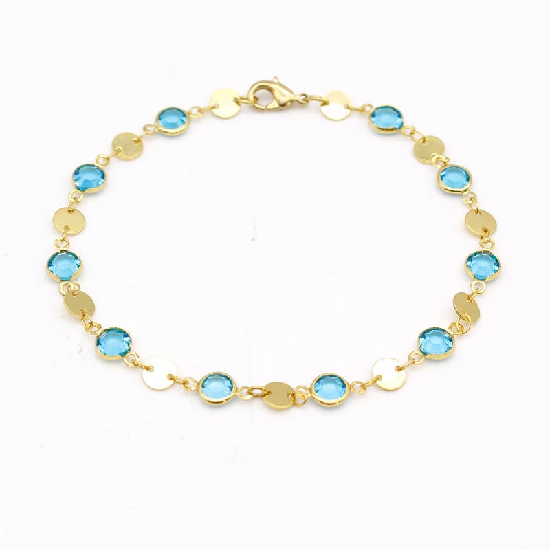 GOLD PLATED 18K HIGH POLISH FINISH AQUAMARINE CRYSTAL ANKLE