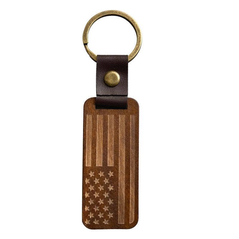 Leather Wood Pendant Keychain Gift For Dad Mom Friends: FLAG